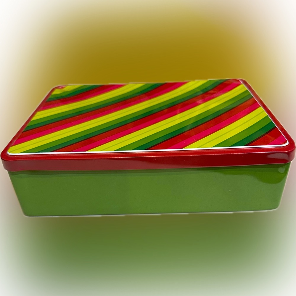 VTG FLAWED HINGED TIN RED GREEN GOLD STRIPE CHRISTMAS HOLIDAY 8.75” GIFT STORAGE